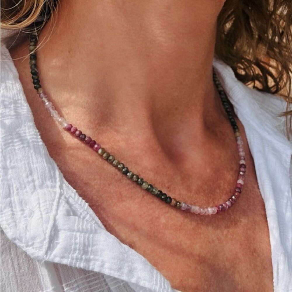 Watermelon Tourmaline Beaded Necklace Pink Green Ombre Gemstone Healing Jewelry - Picture 12 of 16